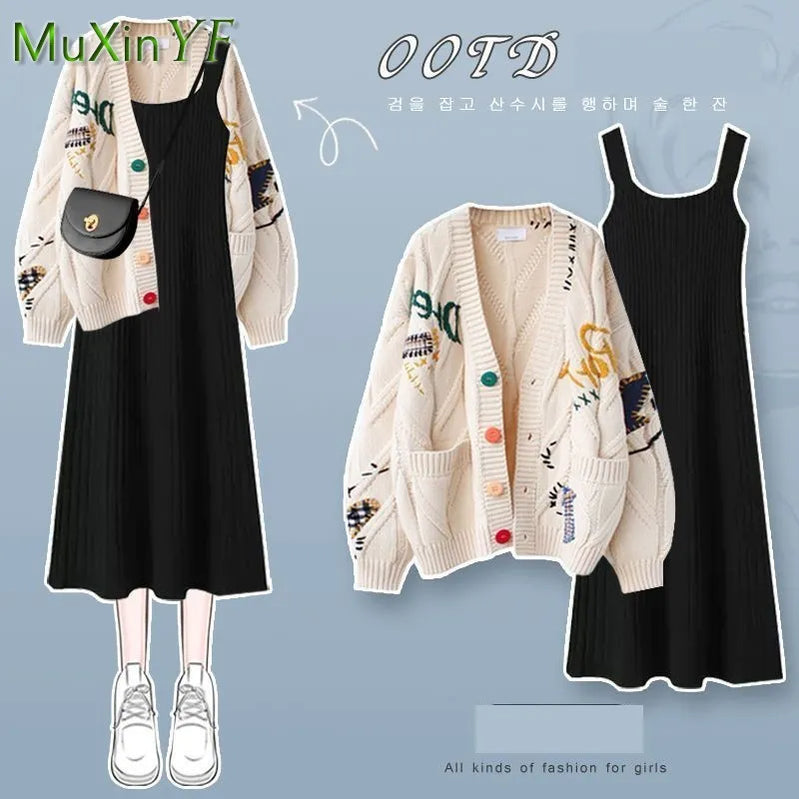 Women's Autumn/Winter New Fashion Knitted Sweater Dress Matching Set Korean Elegant Cardigan Sling Skirt Two Piece Suit