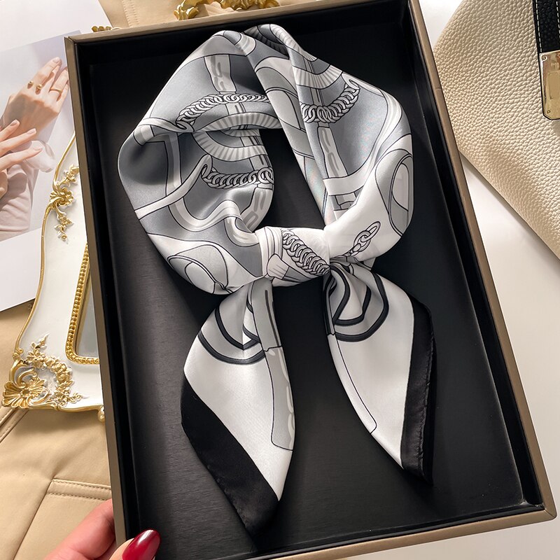 Fashion Hair Scarf for Women Decor Headband Ribbon Satin Silk Square Scarves Lady Wrist Wrap Shawls Design Bandana Foulard FJ726-1