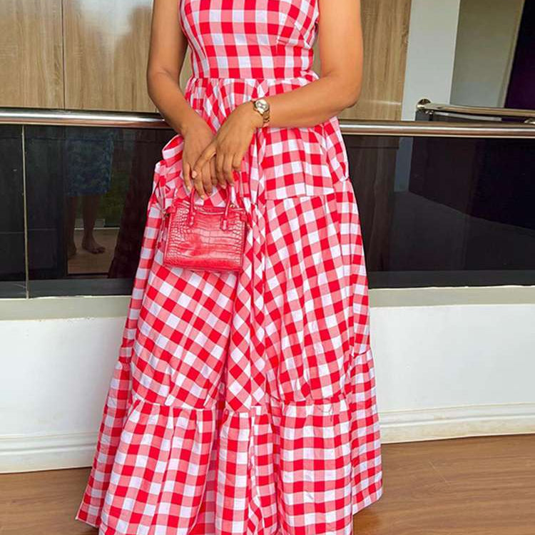 Summer Long Maxi Dress Women Casual Short Sleeve Square Collar Vintage Plaid Party Bohemian Vestidos Loose Sundress C-Red Spain