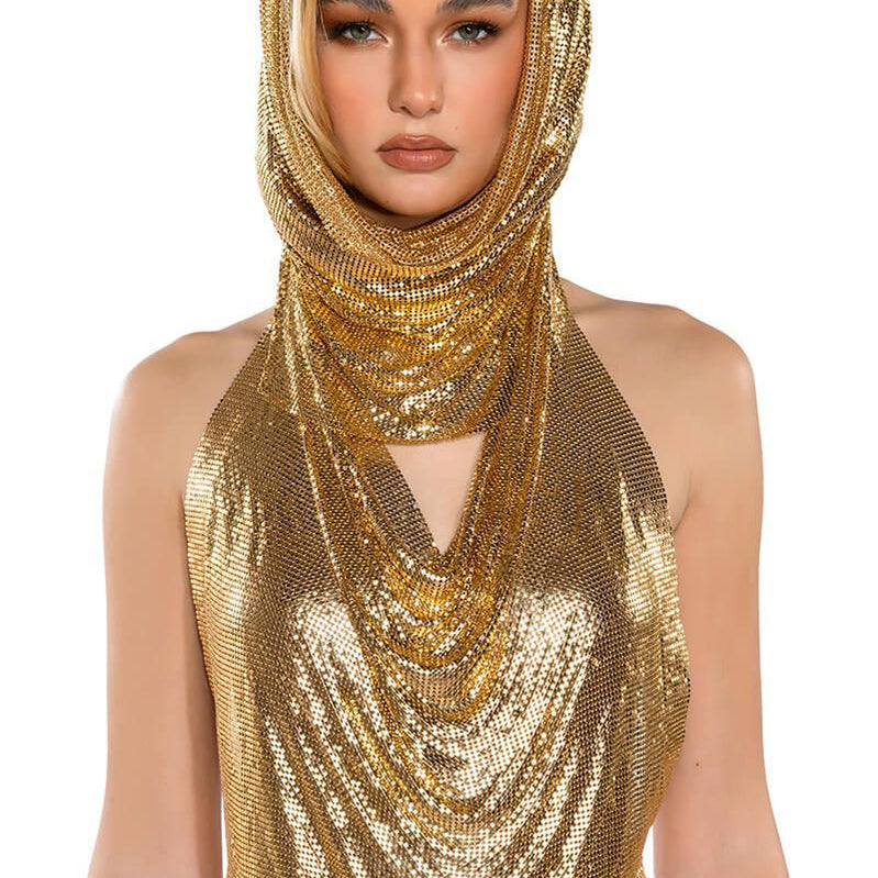 Women Metal Sequins Tank Top With Turban 2 Piece Sexy V Neck Backless Suspender Top Rave Festival Party Nightclub Camisole