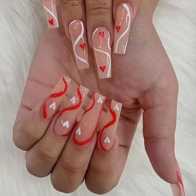 Fake Nails Heart Pattern Full Cover Fake Nails DIY Glue Press On Nails Nail Supplies For Professionals JP2210
