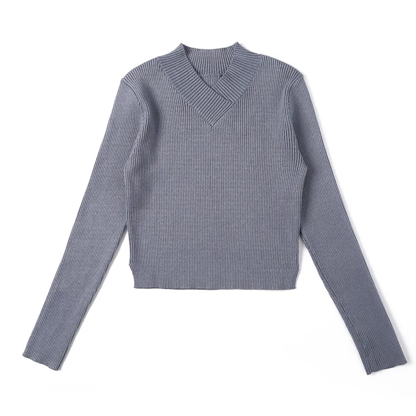AP V Neck Women Sweater Top 2024 Fall Lady Clothes Black and Quiet Blue Elegance Fitted Style, #2000 Quiet Blue