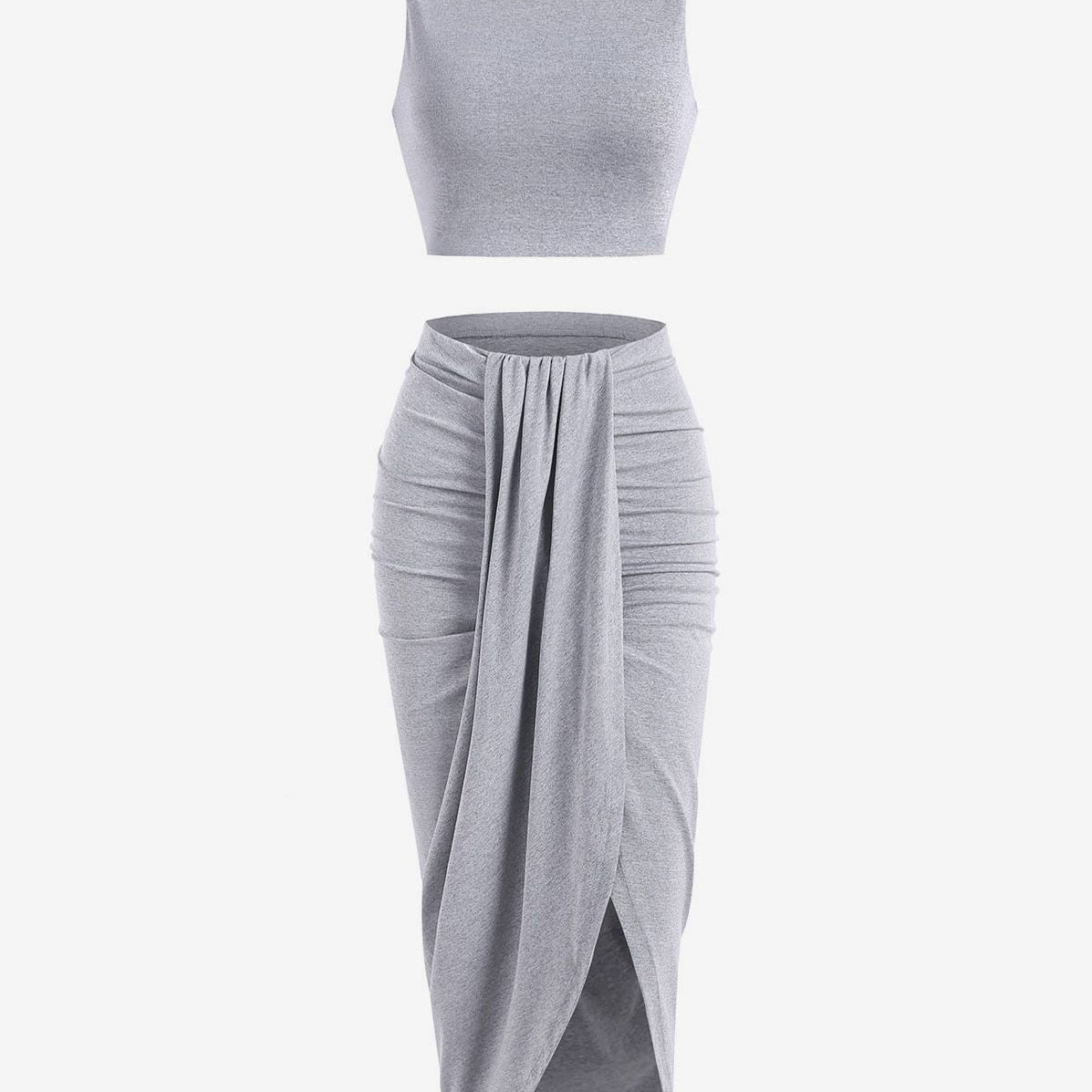 Women’s 2 Pieces Dress Set Sexy Sleeveless Crop Tank Side Slit Twist Skirt Bodycon Maxi Dresses Summer Gray