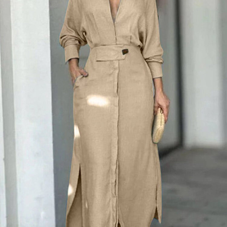 Fashion Dress for Women Luxury Elegant Solid Color Evening Dresses Party Slip Pockets Chic Promotion Long Sleeve Clothes