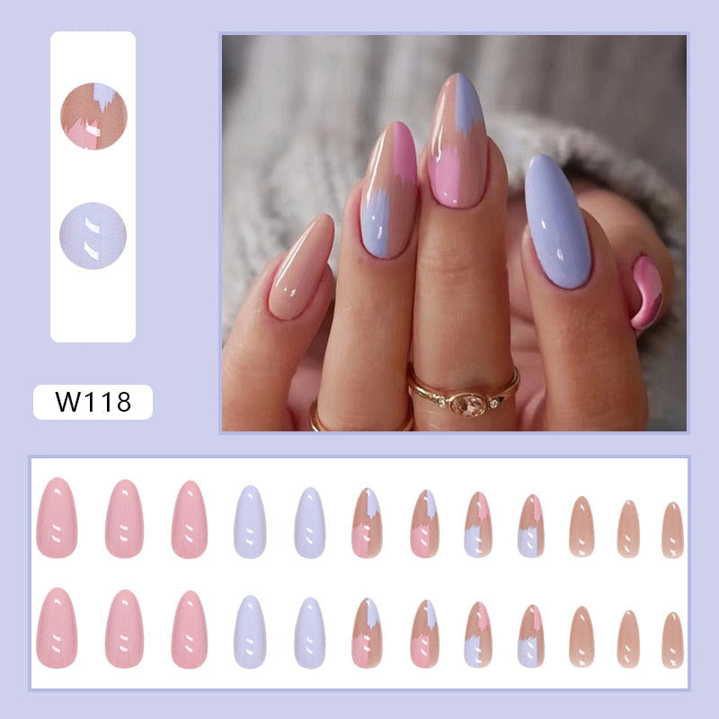 24Pcs/Set Fake Nails With Glue Full Cover Nail Tips Press On Med Nails DIY Manicure Oval Head False Nails Pink Almond Artificial W118 -24Pcs-Set
