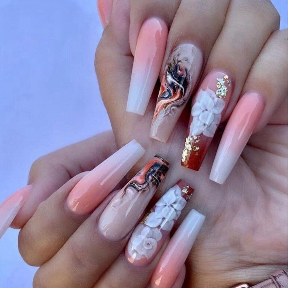 Pink Cow Design False Nail French Full Cover Long Coffin Fake Nails Glue DIY Manicure Nail Art Tools press on nails nail tips A15