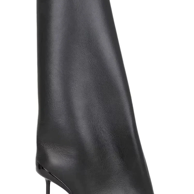 Autumn/Winter New Party High Heel Knee Length Women's Boots Fashion Genuine Leather Sleeve Medium Sleeve Women's Boots Black cowhide