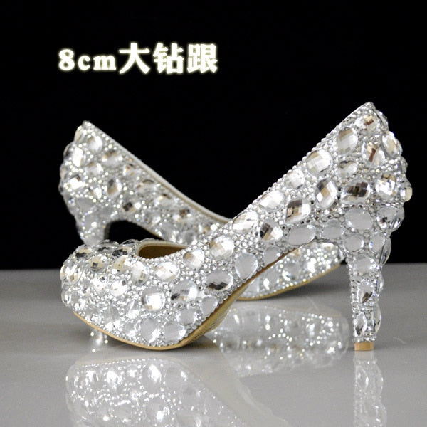 Women Rhinestones Pumps Shoes Super Flash Crystal Chaton Wedding Shoes White Bride Shoes Show Diamond High-heeled Shoes 8CM
