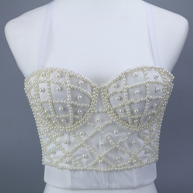Women Tank Tops Luxury Sequined Rhinestone Pearl Wedding Push Up Bra Woman Clothes Camis Stage Ladies Crop Top Corset y2k Blusas