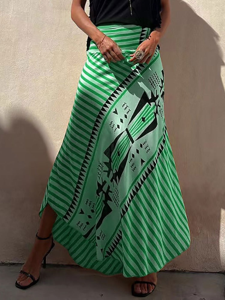 Boho Retro Patchwork Print Skirt Women Summer High Waist A-Line Elastic Long Skirts Casual Holiday Beach Skirt