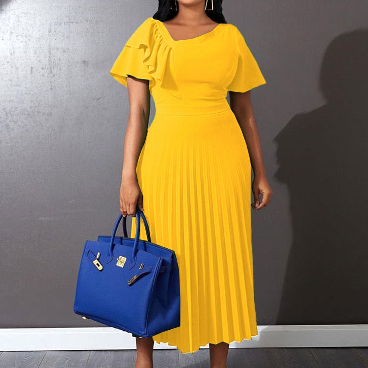 Women Pleated Midi Dresses Short Sleeve Ruffles Elegant Green Yellow A Line Spring Summer Chic Fashion Gown Party Birthday Robes Yellow
