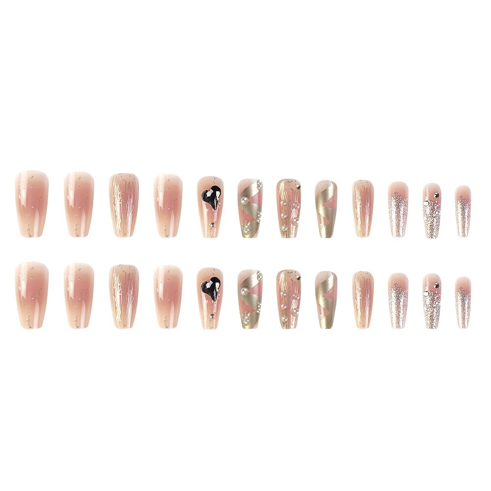 3D fake nails accessories nude french coffin tips with glitter diamond pearls faux ongles manicure press on false nail supplies