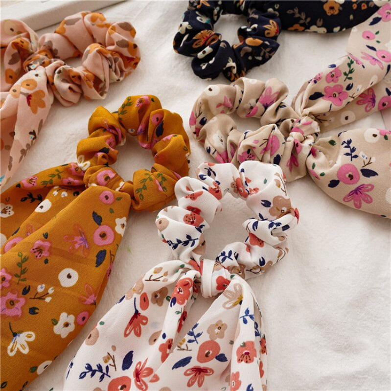 Chiffon Printing Flower Bandana Hair Scarf Headband for Women Vintage Long Ribbon Scrunchie Beach Bandanas Hair Accessories