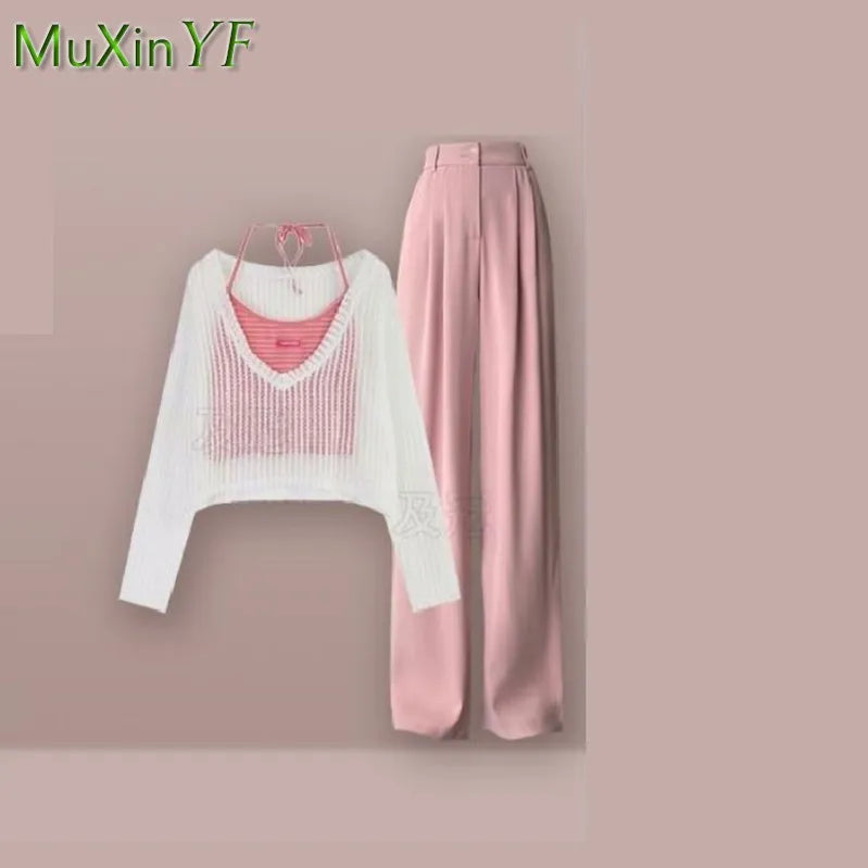 Women's Summer Fashion Hollow Out Shirt+Suspender+Wide Leg Pants Three Piece New in Matching Set Korean Elegant Tracksuit