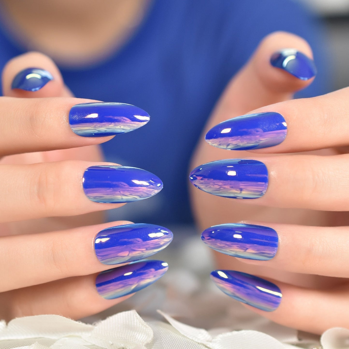 Glossy Gradient Rainbow Ombre French Press on Nails Almond Fake Nails Stiletto Oval Pointed Manicure False Nails Finger Tips