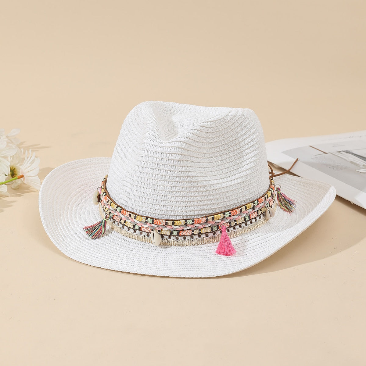 Women Pink Tassel Cowboy Hat Floppy Beach Hats Summer Straw Hats Ladies UV Protection Hat Panama Sun Hat