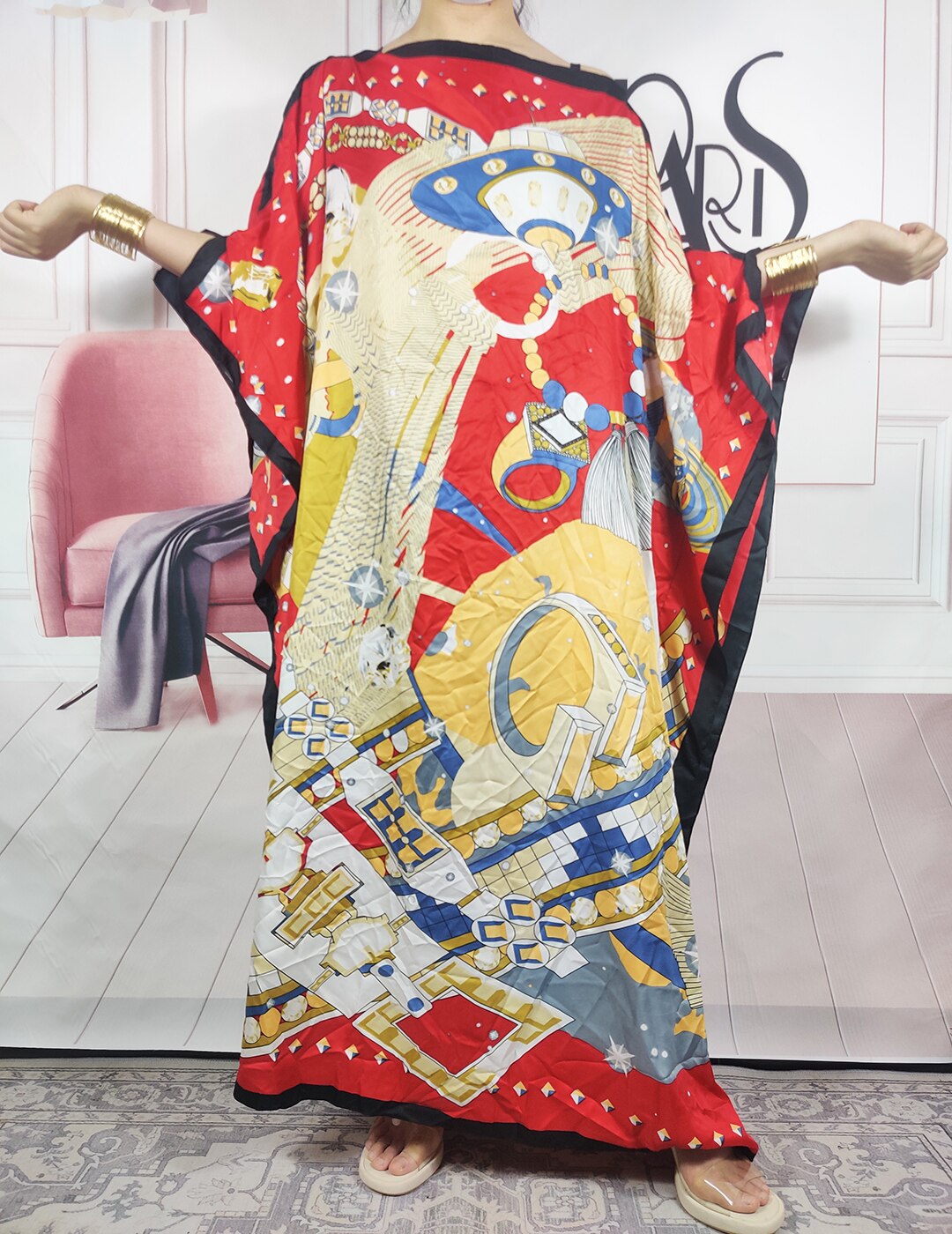 Kuwait Fashion - 2023 Summer Boho Loose Silk Kaftan Maxi Dress Oversized African Muslim Lady Abaya color4 One Size