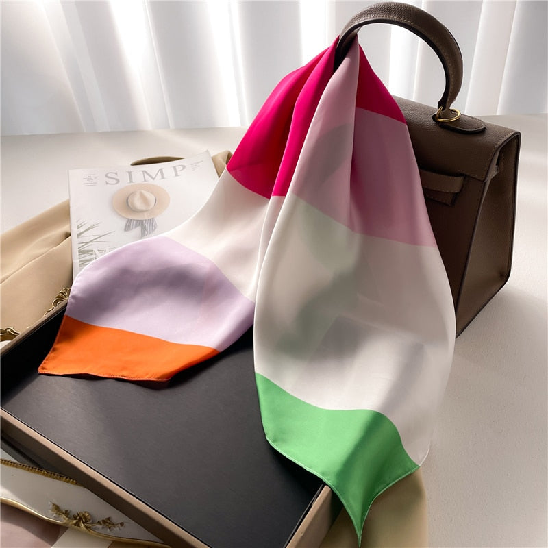 Fashion Hair Scarf for Women Decor Headband Ribbon Satin Silk Square Scarves Lady Wrist Wrap Shawls Design Bandana Foulard FJ705-2