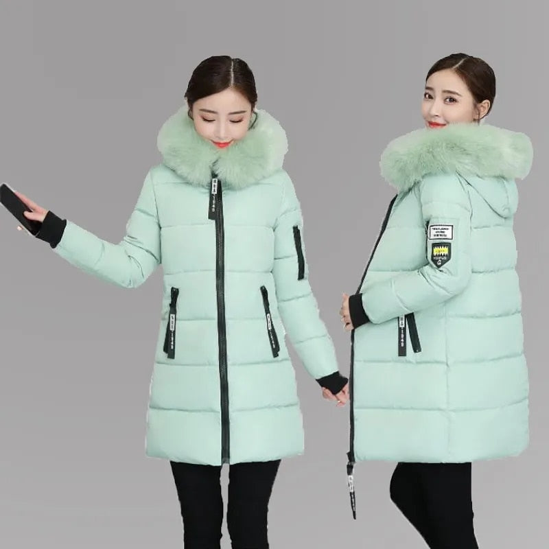 Fashion Fur Collar Hooded Down Cotton Coat Womens Winter Parkas Jacket Long Warm Padded Puffer Parkas Snow Wear Outwear Female Pea Green