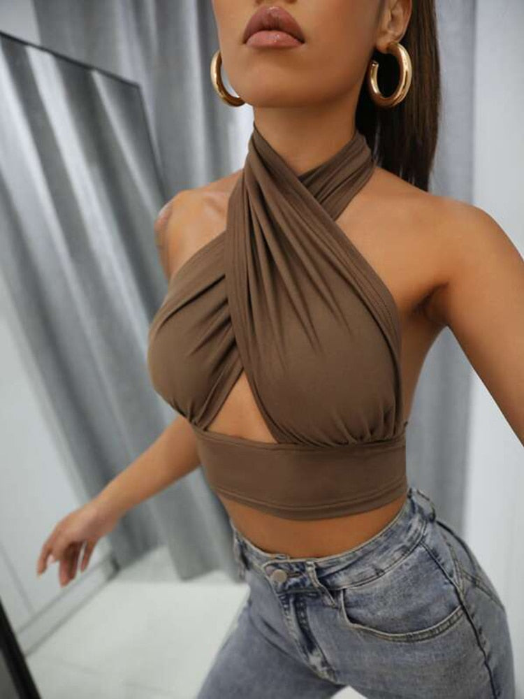 Women Summer Tank Tops Sexy Solid Color Cross Halter Neck Push Up Hollow Crop Tops High Street Wear 2023 New Fashion