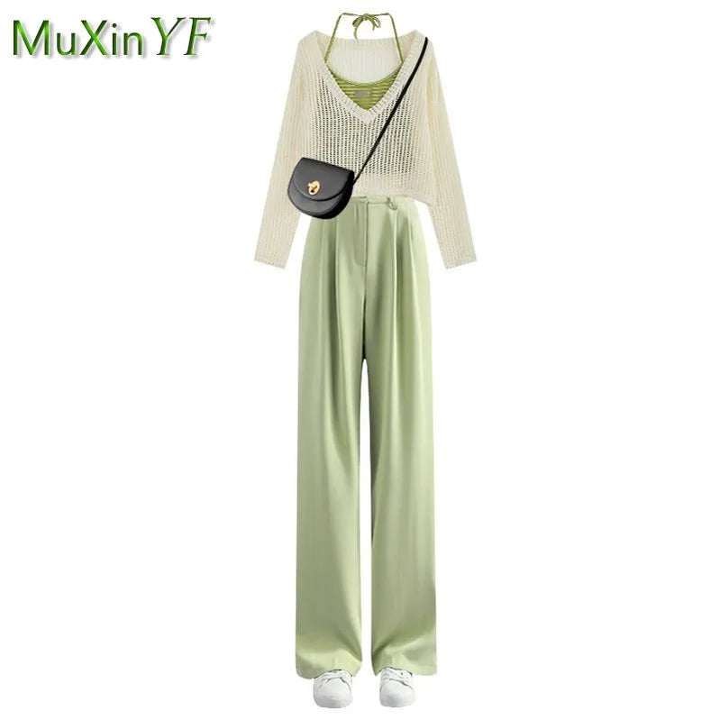 Women's Summer Fashion Hollow Out Shirt+Suspender+Wide Leg Pants Three Piece New in Matching Set Korean Elegant Tracksuit