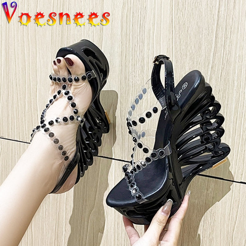Summer New Hollow Out Wedge Women's Pumps Shiny Sequins Fashion Party Shoes Club Heels Transparent Narrow Belt Sandals