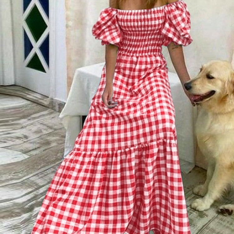 Summer Long Maxi Dress Women Casual Short Sleeve Square Collar Vintage Plaid Party Bohemian Vestidos Loose Sundress