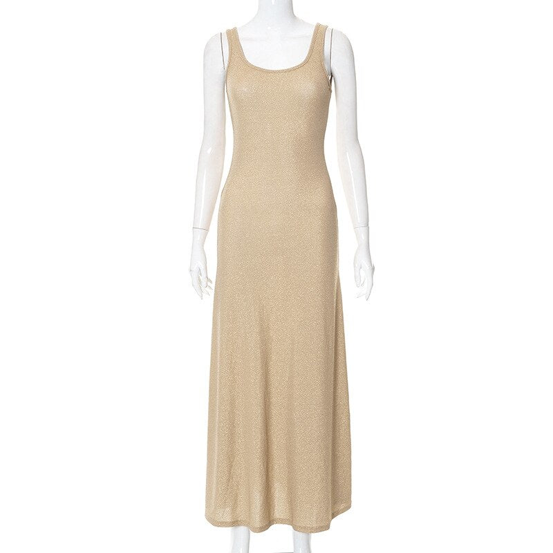 A-Line Dress Women High Stretch Tank Robe Summer O-neck Bodycon Long Dress Ladies Solid Slim Party Maxi Dresses Vestidos Verano Gold Spain