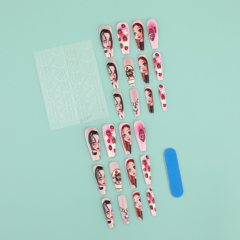 3D fake nails set press on faux ongles long french cofftin tips Ballet strawberry girl design DIY manicure decoration false nail