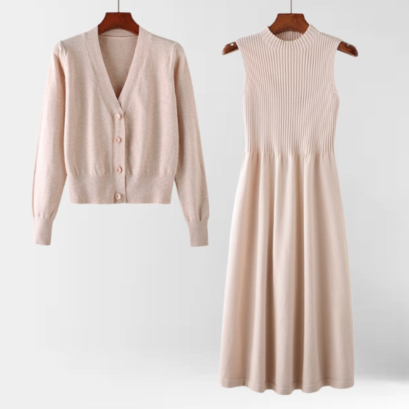 Women's Sweater Sets Autumn Winter V Neck Knitted Cardigan Coat Tops Long Dresses 2 Piece Sets Women Outfit Female Clothing apricot color One Size