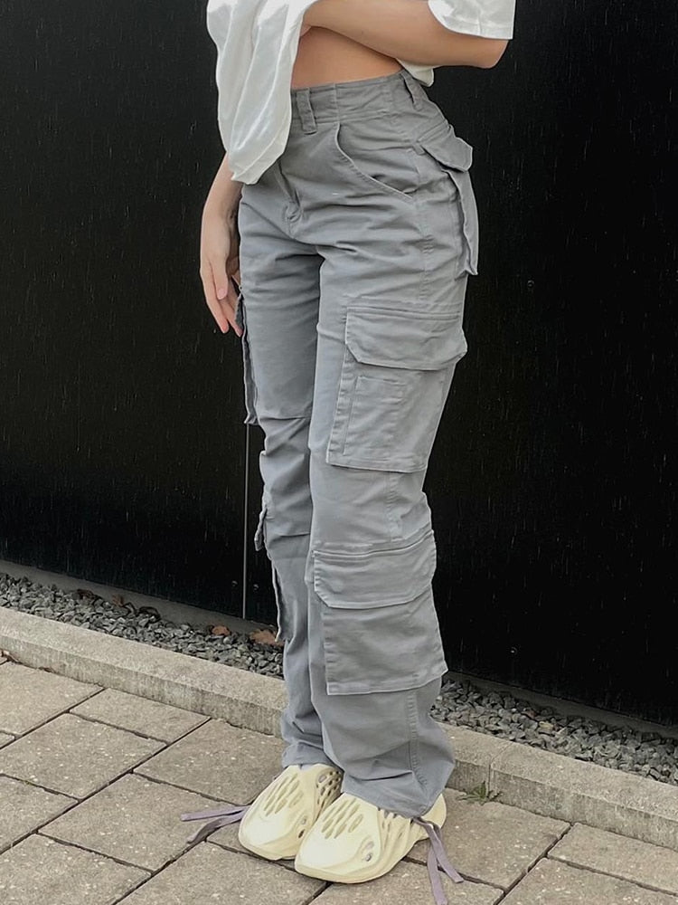 Vintage Cargo Pants Baggy Jeans Women Fashion 90s Streetwear Pockets Wide Leg High Waist Straight Y2k Denim Trousers Overalls Gray