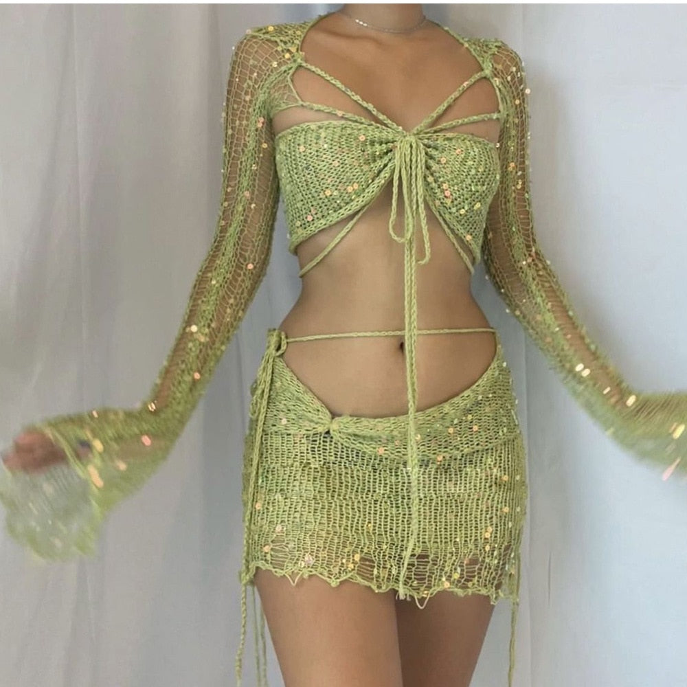 Crochet Knitted Dress Two Piece Skirt Sets Summer Women Clothes Sexy Crop Tops Elegant Knit Sequin Dress 2 Piece Set Outfit Green