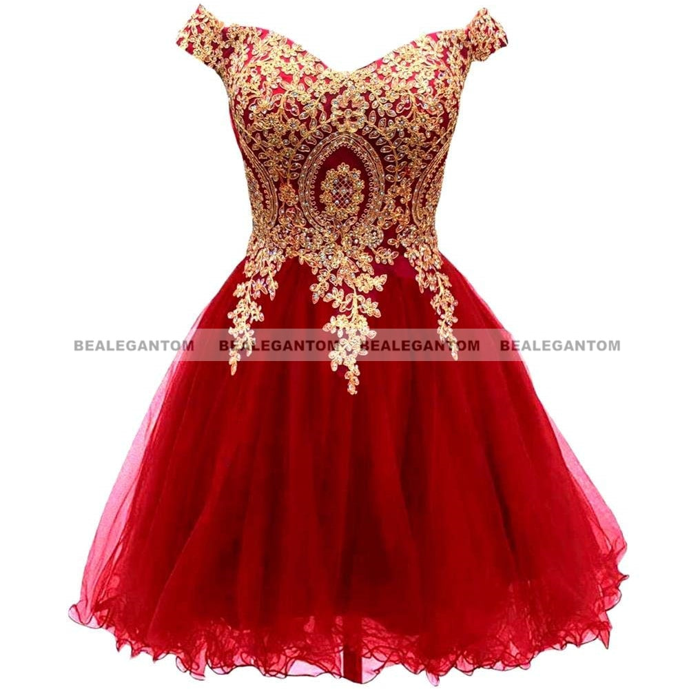 Bealegantom A Line Lace Off Shoulder Short Homecoming Dresse Appliques Crystal Beaded Mini Formal Prom Graudation Party Gowns