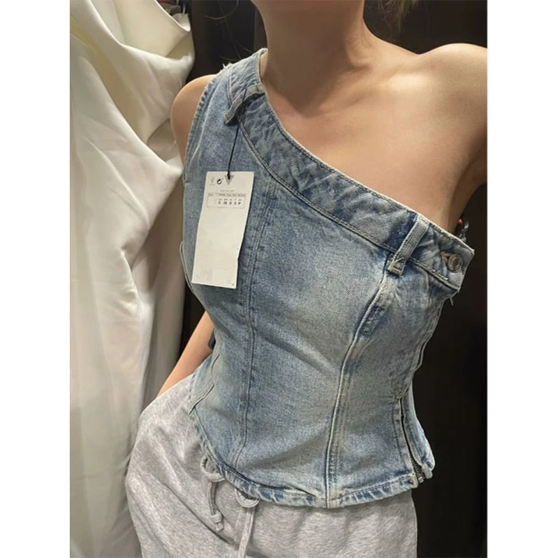 Traf Women's Corset Crop Top Y2k Streetwear Summer Women's Clothing - Vitage Denim Croo Top Women Vest 2023