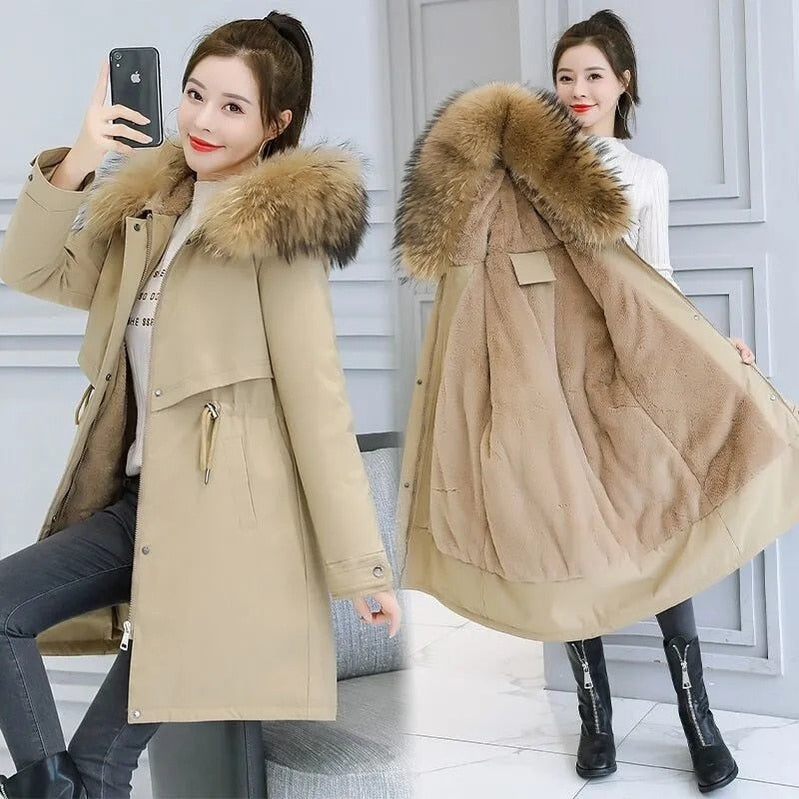 Fashion Long Winter Coat Women Clothing Wool Liner Hooded Parkas Slim With Fur Collar Warm Winter Jacket Women 6XL Khaki
