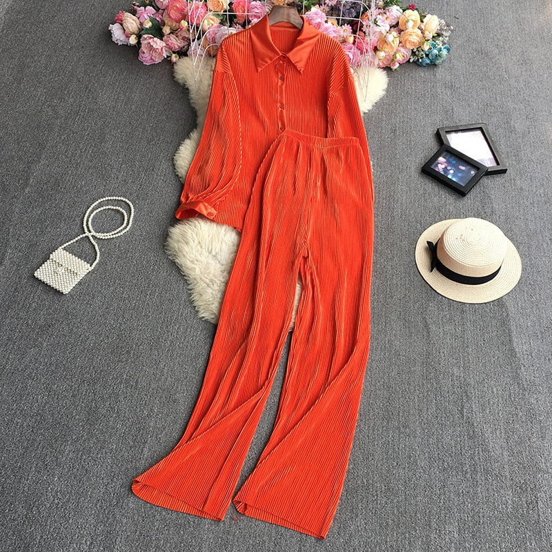 Casual Women Elegant Pleated Two Piece Set Long Sleeve Shirt And Wide Leg Pant Suits Loose Office Lady Outfits Autumn