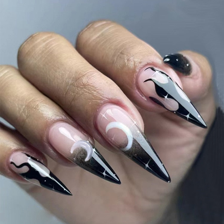 24pcs/box Fake French y2k Nails Press On Long Stiletto Almond Shape Wearable False Nails With Stars Designs Full Cover Nail Tips style7