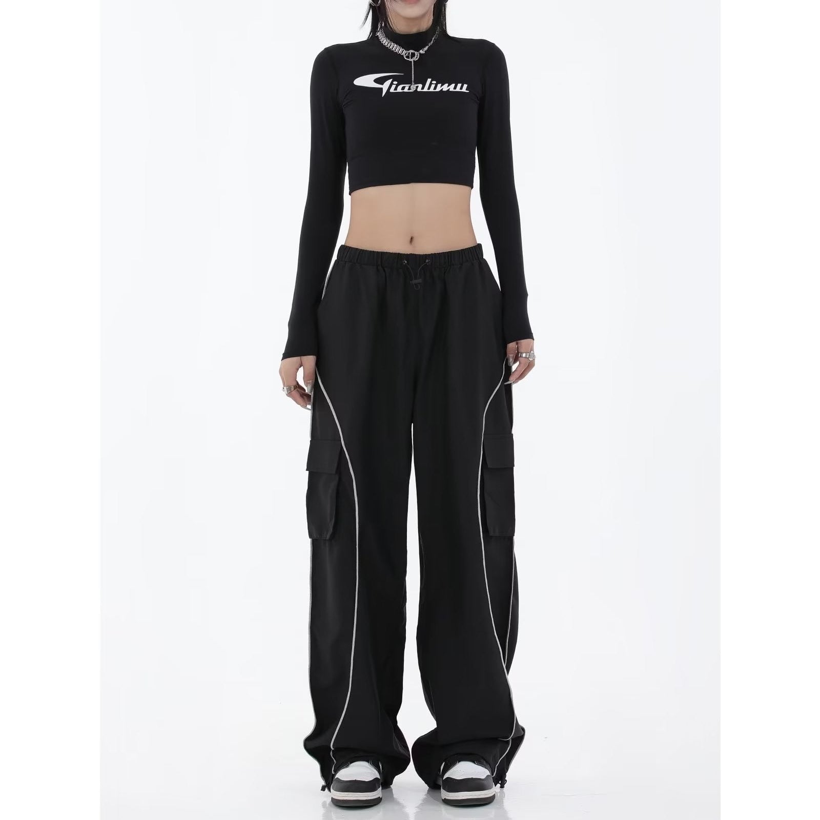 Women Spring Retro Solid Loose Drawstring Trousers Casual Joggers Baggy Wide Leg Sweatpants Mid Waist Sporty Y2k Female Clothes black 2