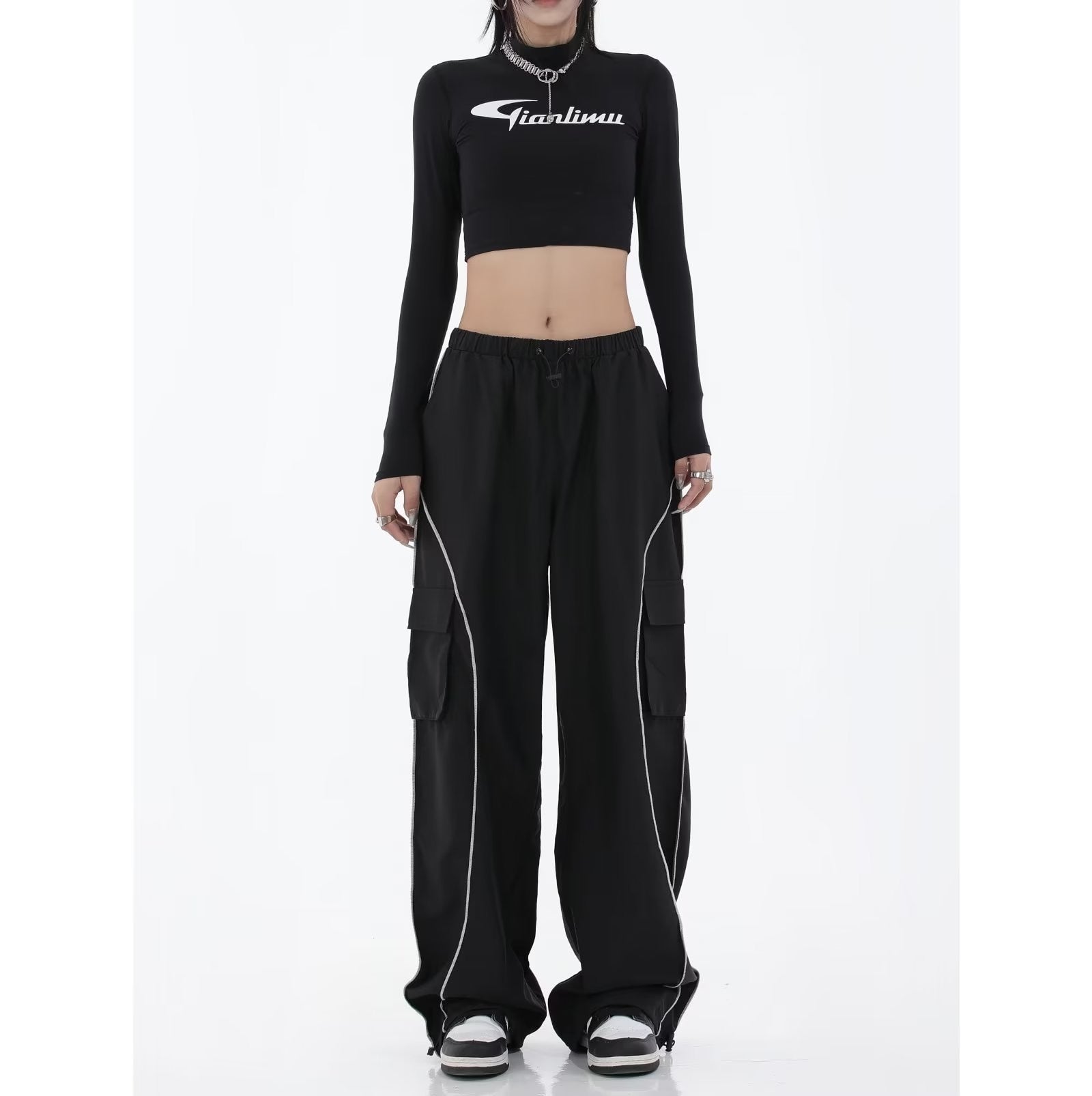 Women Spring Retro Solid Loose Drawstring Trousers Casual Joggers Baggy Wide Leg Sweatpants Mid Waist Sporty Y2k Female Clothes black 2