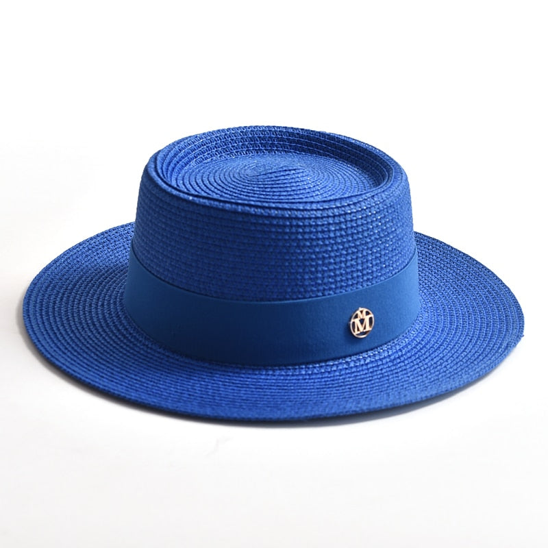 New Summer Straw Sun Hats for Women Ladies Fashion Flat Brim Ribbon Beach Hat Travel Dress Cap chapeau femme Jewel blue 56-58CM
