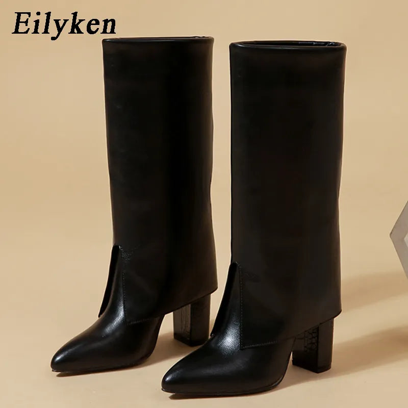 Eilyken New Chunky Heel Pointed Toe Women Long Knee High Boots Black Winter Shoes Female Chelsea Booties Size 35-42 Black