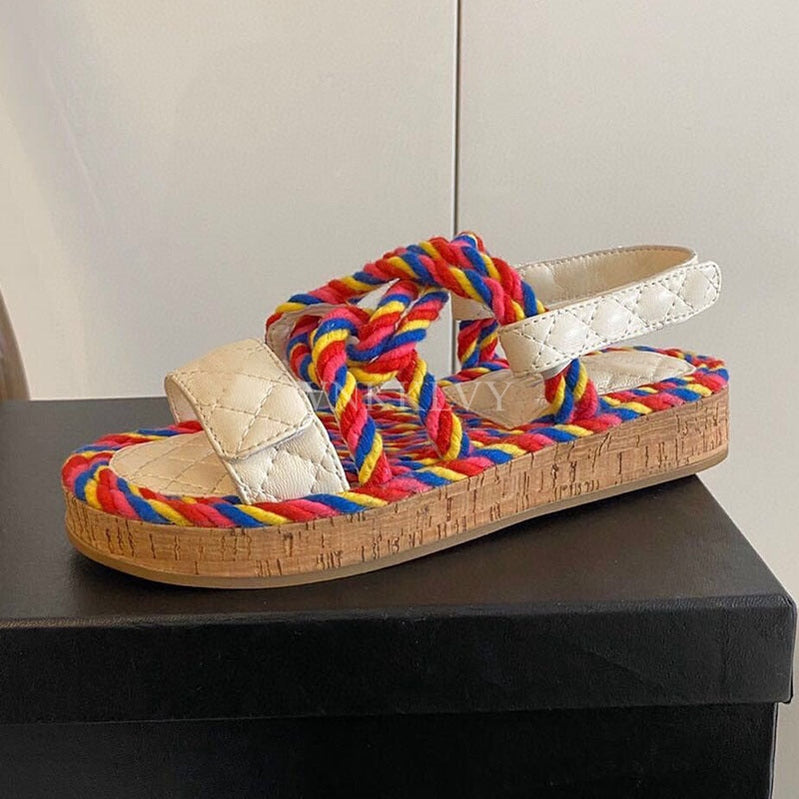 New Summer Women Real Leather Splicing Hemp Rope Open Toe Casual Sandals With Sticky Strap Design Resort Beach Flat Shoes as show 7