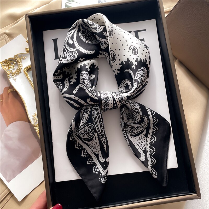 Fashion Hair Scarf for Women Decor Headband Ribbon Satin Silk Square Scarves Lady Wrist Wrap Shawls Design Bandana Foulard FJ708-1