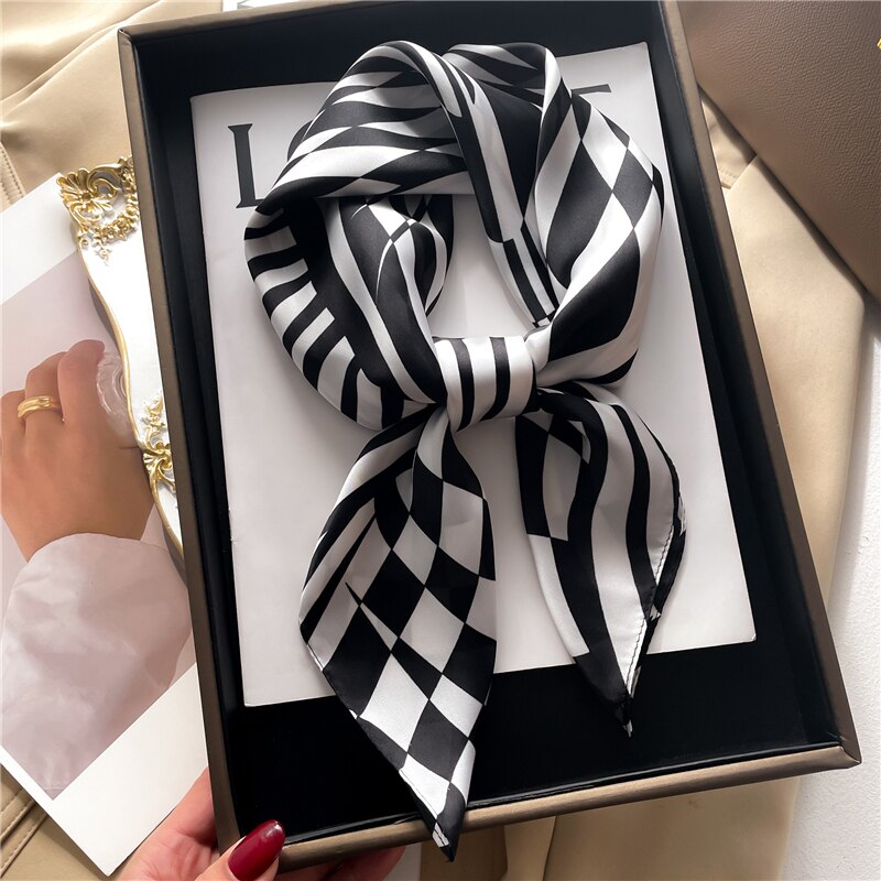 Fashion Hair Scarf for Women Decor Headband Ribbon Satin Silk Square Scarves Lady Wrist Wrap Shawls Design Bandana Foulard FJ701-1
