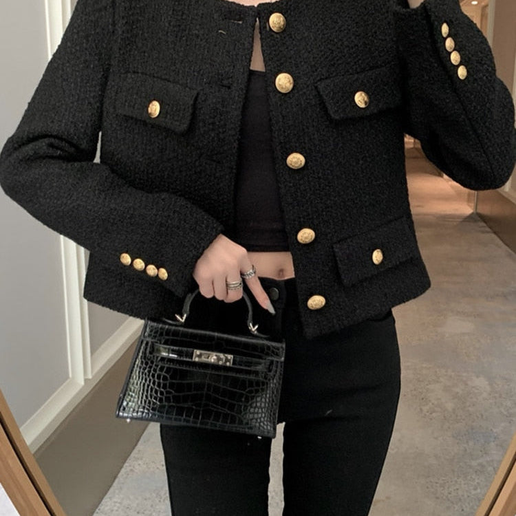 Fall Winter French Vintage Small Fragrant Tweed Jacket Coat Women Elegant Casual Woolen Short Coats Streetwear Outwear Crop Top
