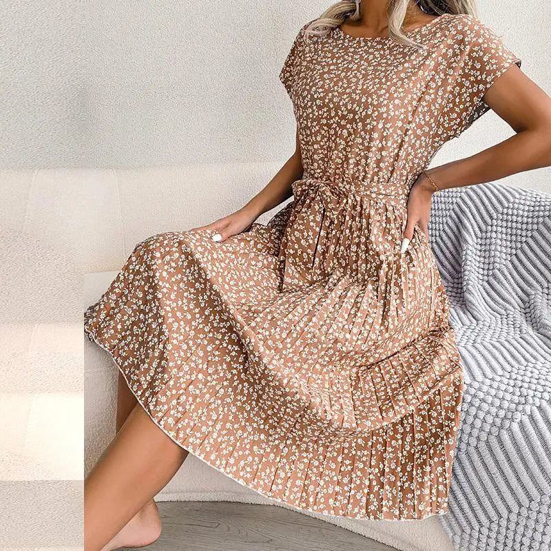 Fashion Floral Pleated A Line Long Dress Women Spring Summer Short Sleeve High Waist Chic Dress Auburn