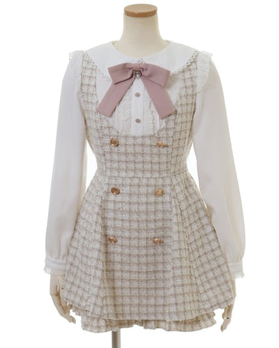 Japanese Style Cute Sweet Shorts Suit 2023 Spring and Autumn Lace Up Bow Neck Plaid Coat Suit Girl and Short Pants 2 Piece Sets APRICOT One Size