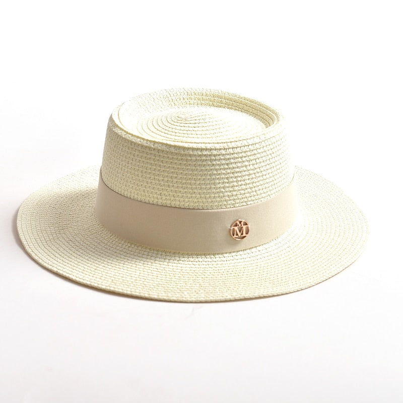 New Summer Straw Sun Hats for Women Ladies Fashion Flat Brim Ribbon Beach Hat Travel Dress Cap chapeau femme Milk white 56-58CM