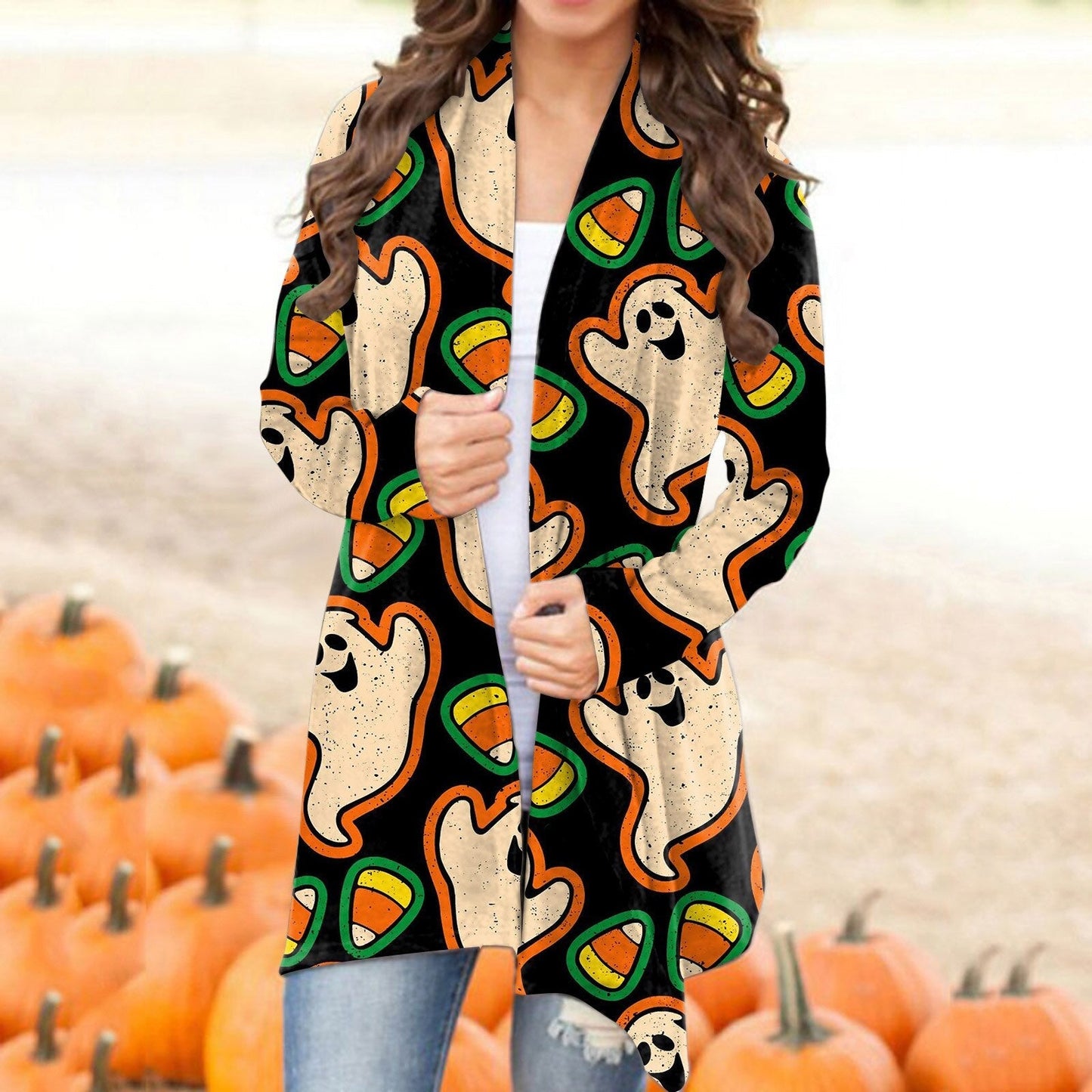 Autumn Winter Cardigan Women Halloween Skull Print Casual Open Stitch Lady Elegant Sweater Coat Casual Blouse Clothes Streetwear