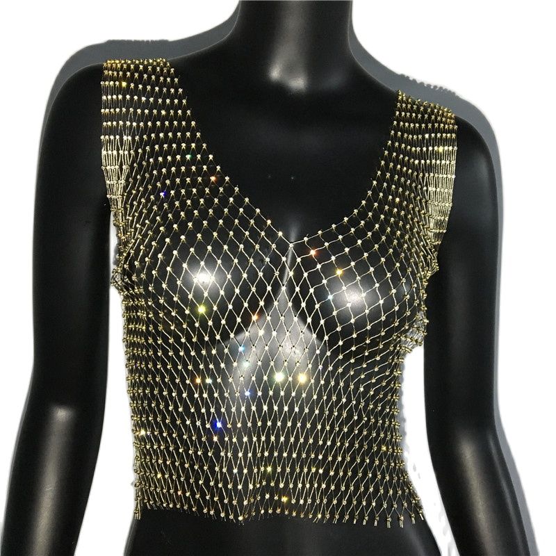 Women's Fishnet Rhinestone Crop Top 2023 Summer Sexy Mesh High Elastic Black White Shirt Net See Through Rave Diamond Tank Top Gold V Neck